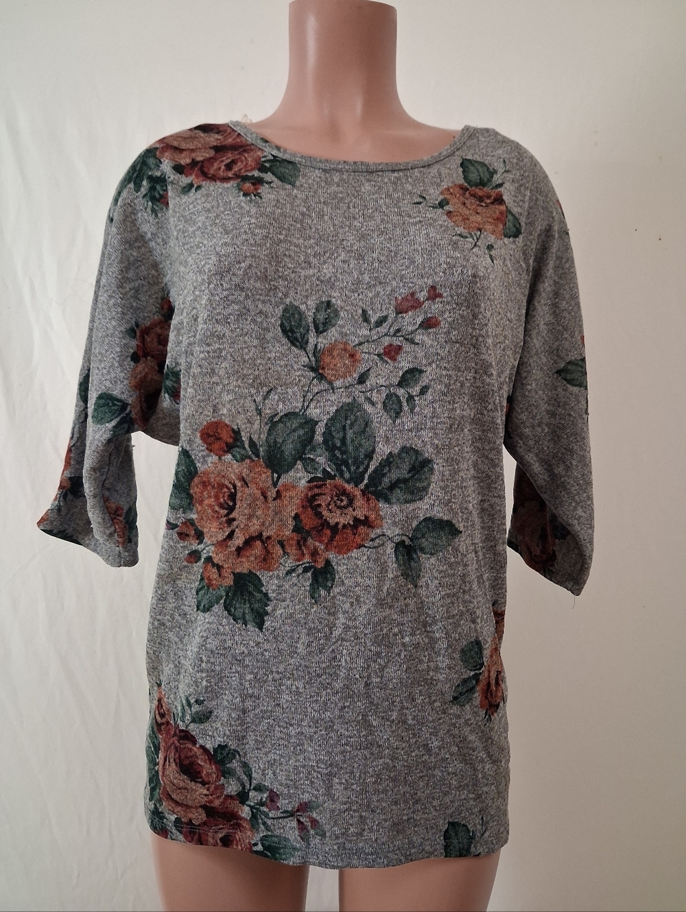 Brooks Grey Floral Print Knit Tunic Top High-Low Hem Size M